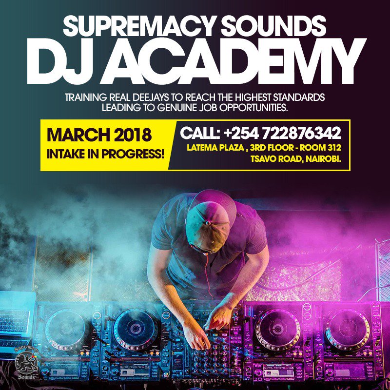 DjRaskull's tweet photo. Are you passionate about DJing?? The Supremacy Sounds Academy is the answer! We are curently admitting students for the March 2018 intake. To enroll, simply call or text 0722 876 342 to reserve your spot. In 3 months, you can be on your way to a lucrative DJ career! https://t.co/Hbk3aBFUmf