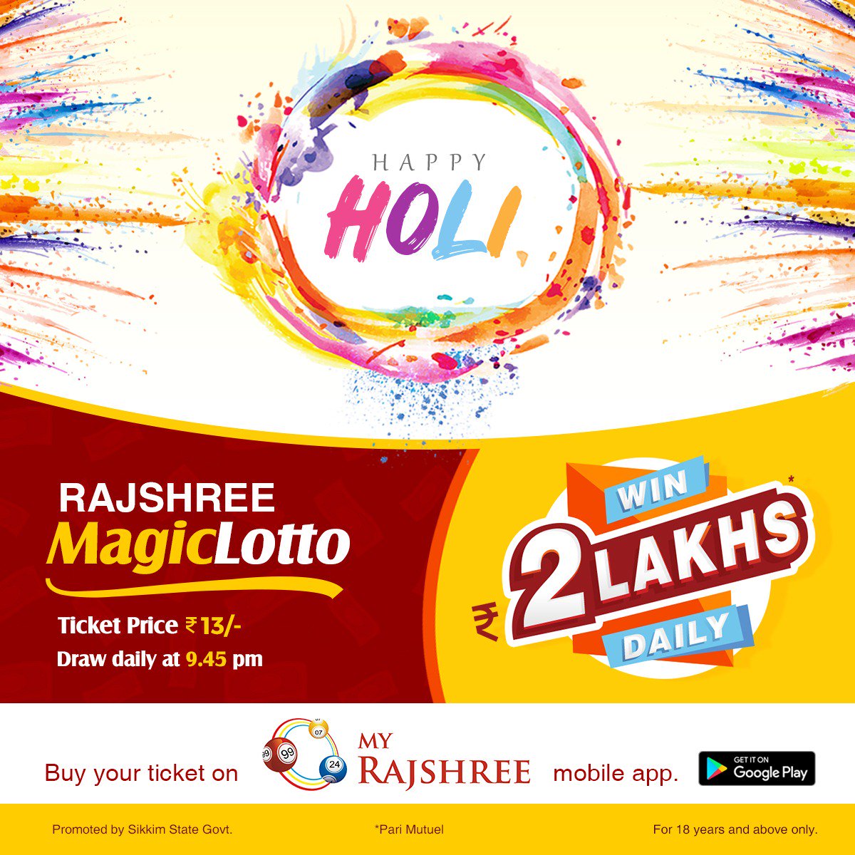 MyRajshree's tweet photo. May This Holi Fill Your Life With Brightest Of Colours! #HappyHoli #MyRajshree #Lottery #MagicLotto https://t.co/XZC6VrUl4B