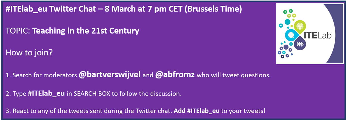 Teachers and educators around the globe. Join the Initial Teacher Education #ITElab_eu Twitter chat about TEACHING in the 21st CENTURY. On 8 March at 7 pm CET (Brussels Time) moderators @bartverswijvel and <a href="/abfromz/">Arjana</a> will kick off with discussion questions.