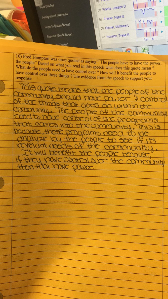 baba_olumiji's tweet photo. Lost file 8th Grade Ss analyze the #primarysource speech Power Anywhere’s There’s People by #FredHampton of the #BlackPanther Party by #closereading #textdependentquestions and writing about the importance of people having ownership over the communities @ZinnEdProject 👏🏿👏🏿 https://t.co/OTUcO2QX0u