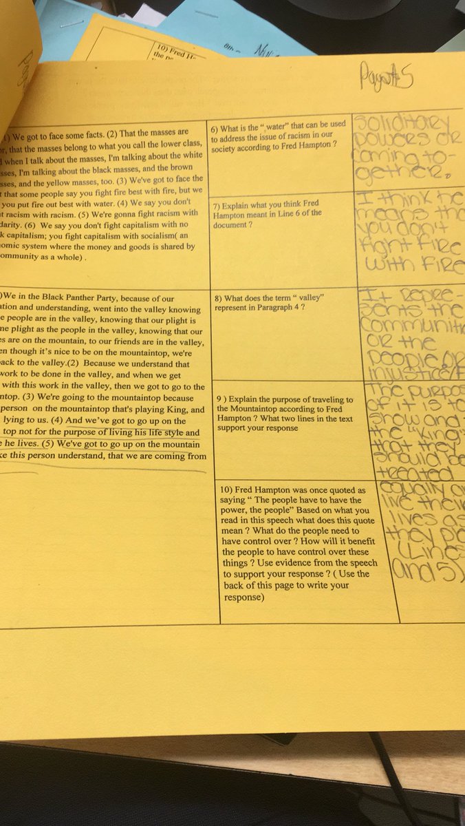 baba_olumiji's tweet photo. Lost file 8th Grade Ss analyze the #primarysource speech Power Anywhere’s There’s People by #FredHampton of the #BlackPanther Party by #closereading #textdependentquestions and writing about the importance of people having ownership over the communities @ZinnEdProject 👏🏿👏🏿 https://t.co/OTUcO2QX0u