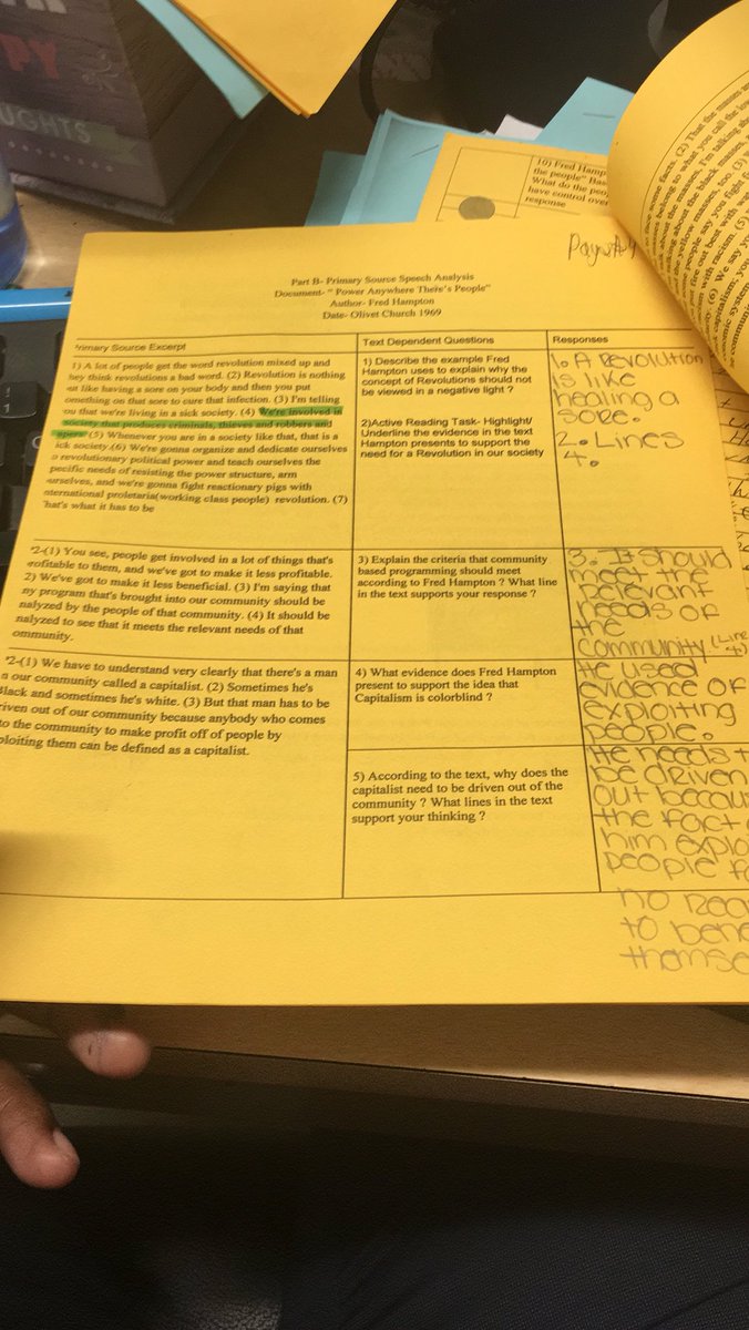 baba_olumiji's tweet photo. Lost file 8th Grade Ss analyze the #primarysource speech Power Anywhere’s There’s People by #FredHampton of the #BlackPanther Party by #closereading #textdependentquestions and writing about the importance of people having ownership over the communities @ZinnEdProject 👏🏿👏🏿 https://t.co/OTUcO2QX0u