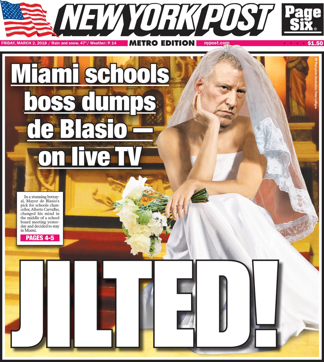 nypost's tweet image. Tomorrow's cover: De Blasio blindsided as his schools chancellor pick rejects job offer nyp.st/2t7KE4d