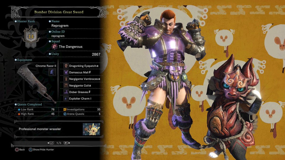 reprogrem's tweet photo. Flexing on them. Call for all your monster suplexing needs. #guildcard #monsterhunterworld #PS4share https://t.co/jEKEZeH0HY