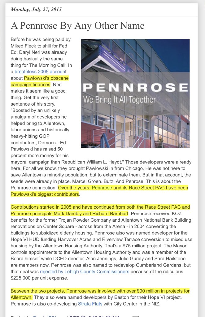 @ChiTownLionPSU @NBCPhiladelphia @Zenophile @wensilver @RayBlehar @emtfr @Berkland4 Over the years (since 2005), Pennrose (i.e., Dambly) and its Race Street PAC have been Pawlowski's biggest contributors. 

What did Pennrose (i.e., Dambly) get?  Over $90 million in Allentown projects.

lehighvalleyramblings.blogspot.com/2015/07/a-penn…