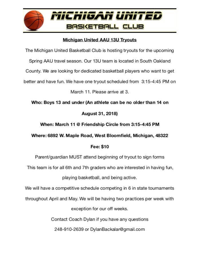 MichHoopScoop's tweet photo. ATTENTION ALL 6th AND 7th GRADE HOOPERS IN THE SOUTHERN OAKLAND COUNTY AREA: MICHIGAN UNITED 13U AAU TRYOUTS WILL BE HELD MARCH 11 FROM 3:15-4:45. ARRIVE AT 3. CONTACT THIS ACCOUNT OR THE CONTACT INFO ON FLYER IF THERE ARE ANY QUESTIONS. https://t.co/Ben3XdkjVb