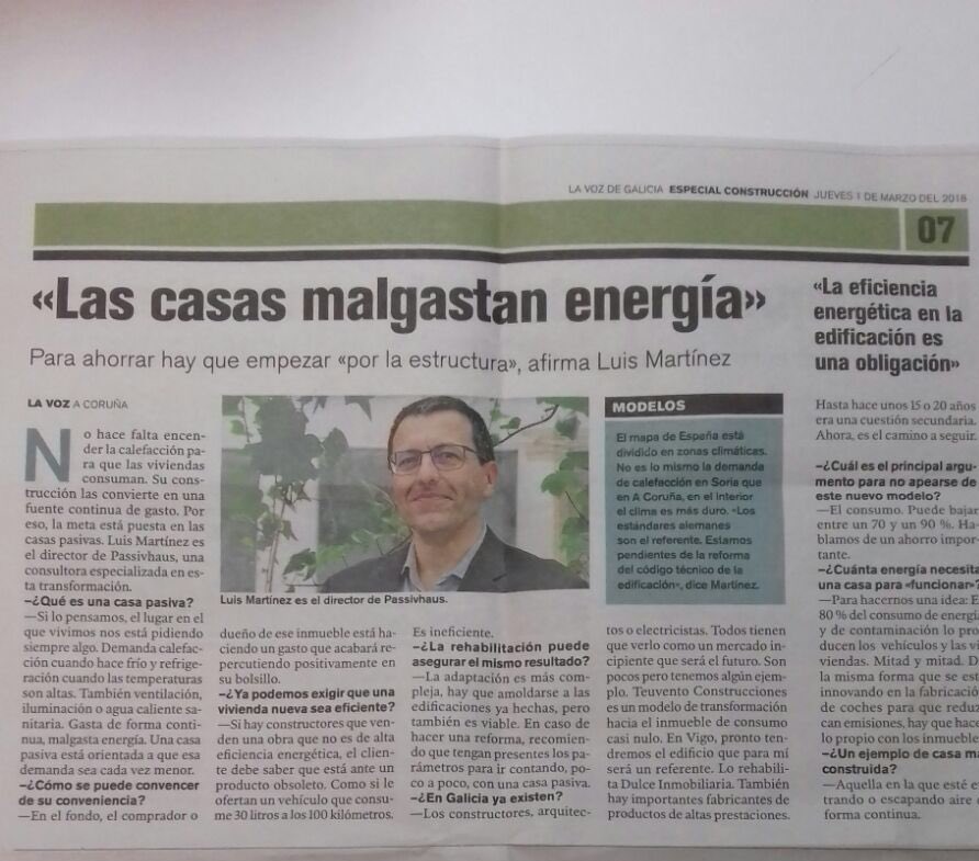 PassivhausCons1's tweet photo. Entrevista a Luis A. Martínez , fundador de Passivhaus Consultores , en el diario  “La voz de Galicia”.....”Las casas malgastan energía “ https://t.co/MCQHorqXuo