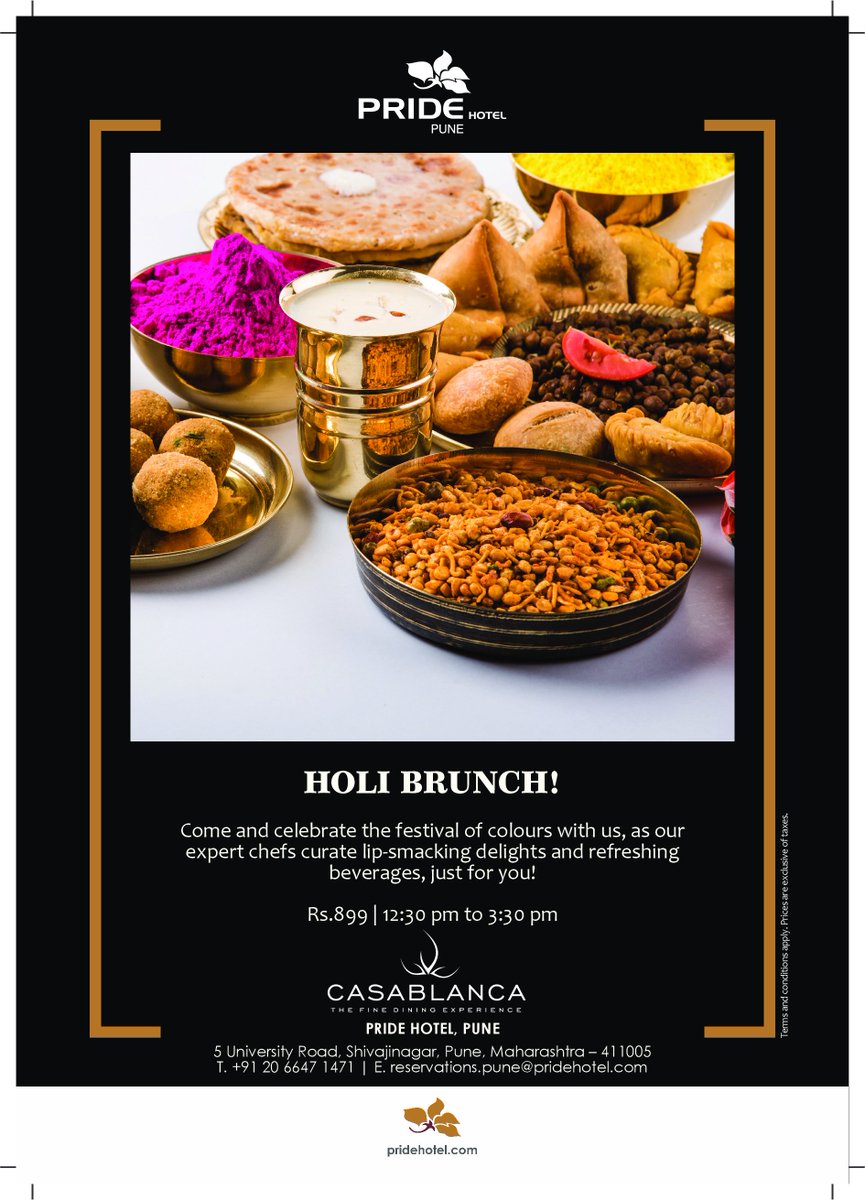 #HoliBrunch - Come and celebrate Holi with us at Casablanca, Pride Hotel, Pune and taste the delicious delights prepared by our expert chefs. For more details call- +91 2066471471 #Casablanca #PrideHotel #Pune #HappyHoli #Holi2018