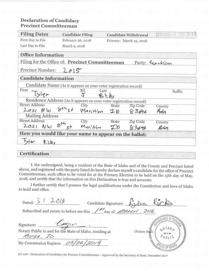 TylerRicksID's tweet photo. Filed for Precinct Committeeman for @ADAGOPCC but this time it's  2015 (brand new pc area) instead of 2008 due to some redistricting by @Ada_County Commissioners. I would love to continue to have your support/represent you to the @IdahoGOP.
#idpol #idgop #adagop #adgopcc #acrcc https://t.co/LZKxPWTjj7