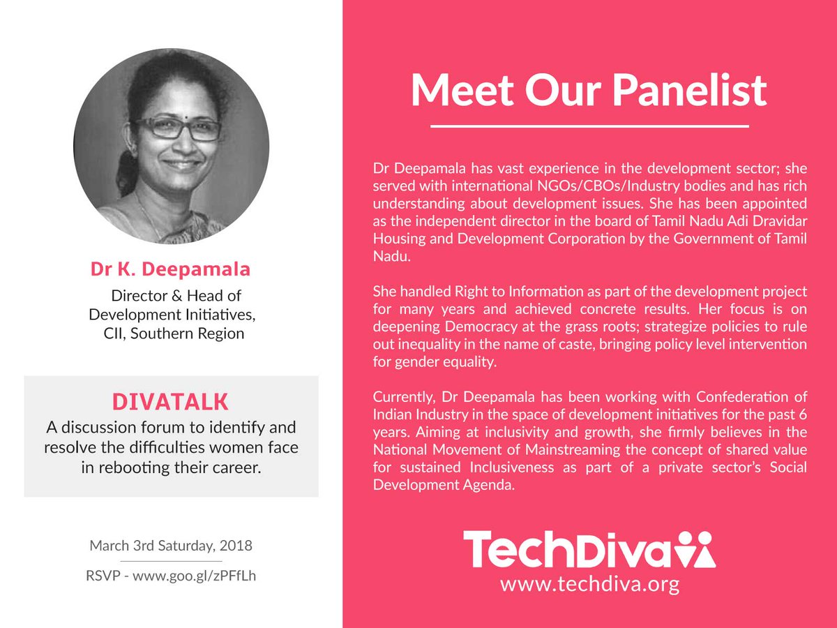 WeAreTechDiva's tweet image. TechDiva is proud to have Dr. K Deepamala among our esteemed panel members for DivaTalk, a forum to help Women reboot their careers on the 3rd of March 2018. Register now at goo.gl/zPFfLh #DivaTalk #WeAreTechDiva