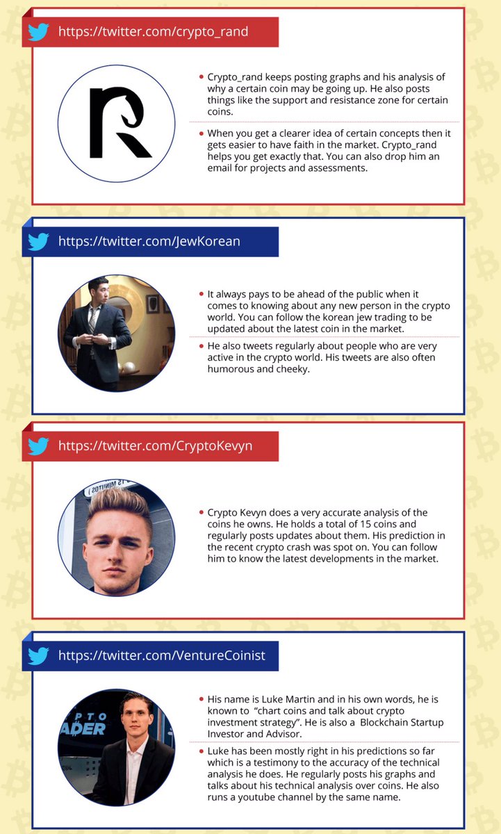 Top 15 %Crypto #Influencers on Twitter: @CryptoChoe @cryptomocho  @RonnieMoas @PhilakoneCrypto @crypto_rand @JewKorean @CryptoKevyn  @VentureCoinist @PeterLBrandt @Crypto_Ed_NL @cryptomanran @ErikVoorhees  @VinnyLingham @aantonop @DiaryofaMadeMan ...