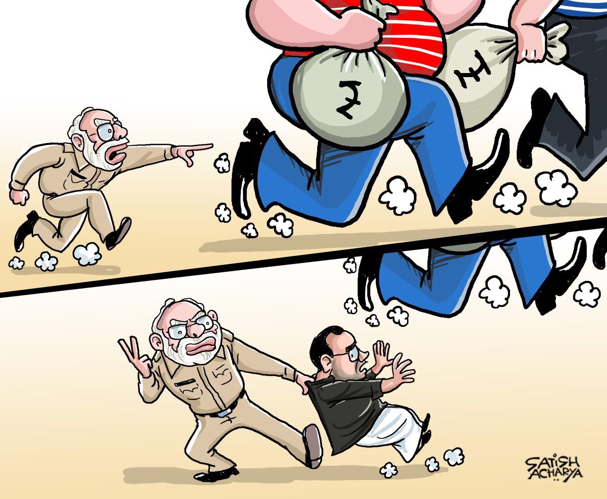 siddaramaiah's tweet photo. On election eve
all PM @narendramodi does is talks of corruption.

And he is good.....

at talking 

When it comes to walking the talk he does the next thing
he is good at

👇
(Cartoon courtesy: Satish Acharya) https://t.co/lzECpFvtPq