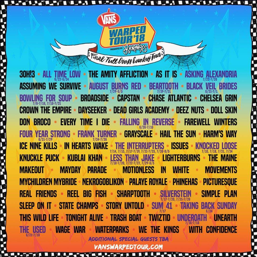 sounds_emo's tweet photo. @VansWarpedTour has released the lineup for their final full cross country tour. What do you think? #Warpedtour #WarpedTour2018 #vans https://t.co/eljNHrwtWK