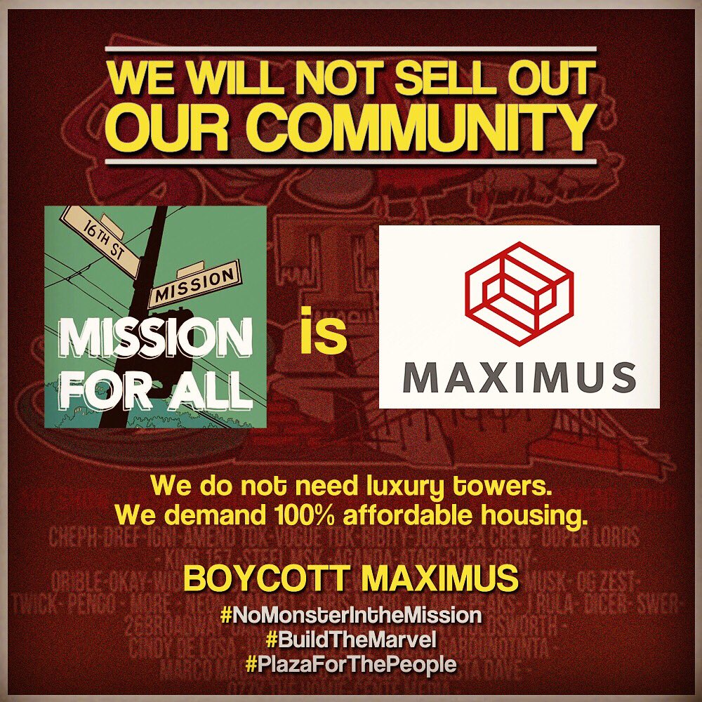 PlazaSixteen's tweet photo. ::EXPOSED:: 
Mission 4 All is Maximus Real Estate.

The community is united against the Monster! We demand 100% affordable housing at 16th St. Plaza!

#NoMonsterInTheMission 
#BuildTheMarvel 
#PlazaForThePeople https://t.co/DAgbjuT52Q