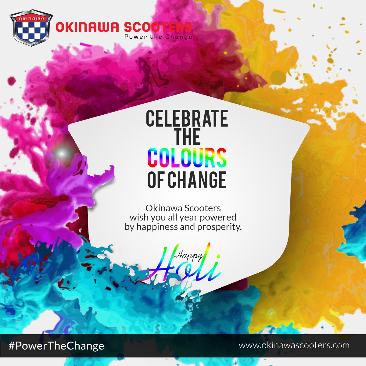 Add some colour to power a year full of happiness. Happy Holi to all, from Okinawa Scooters. #HappyHoli #Holi2018 #PlaySafeholi #GoGreen #PowerTheChange #EcoHoli