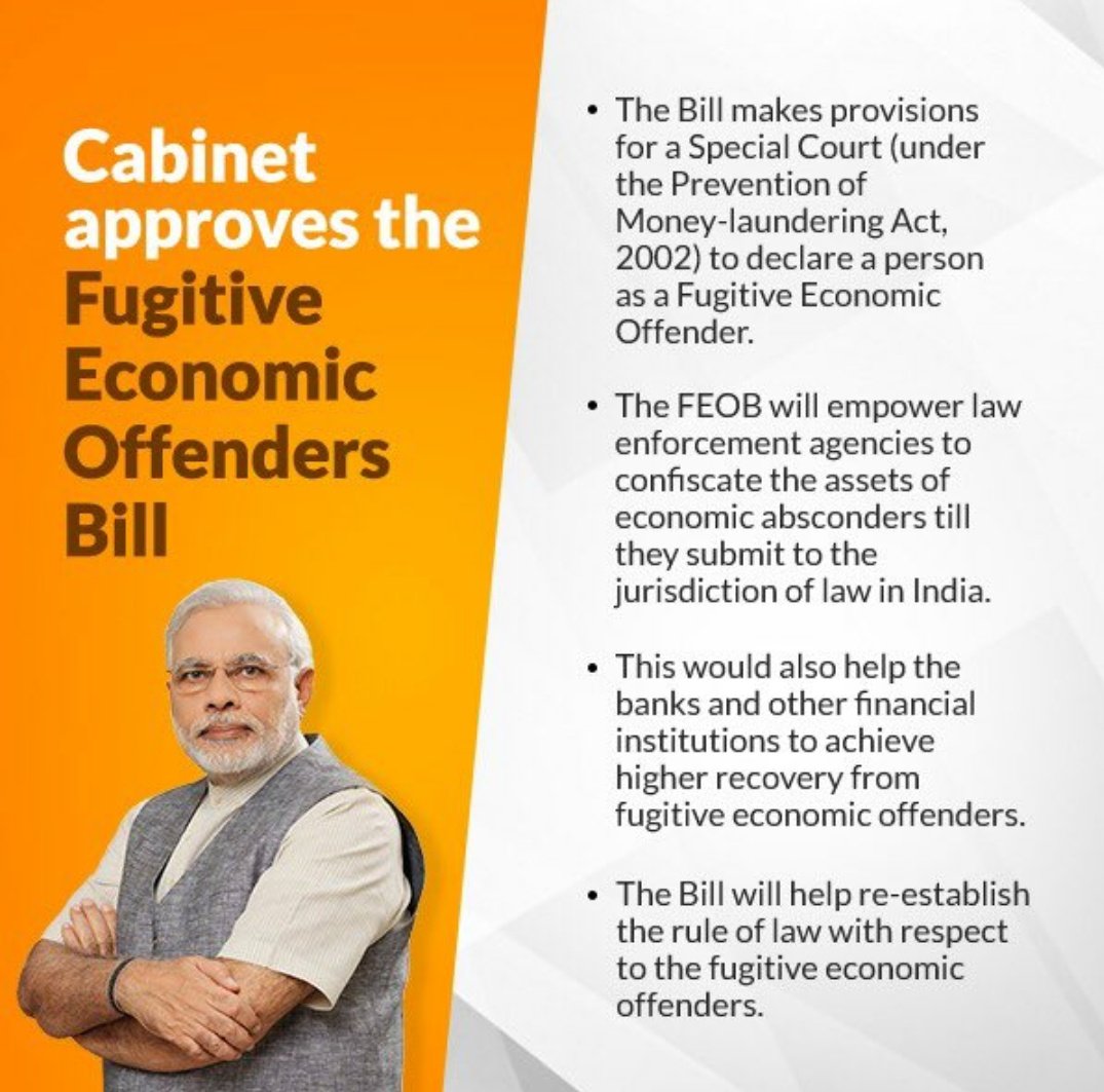 AkashVOnline's tweet image. Modi Govt has approved ‘Fugitive Economic Offenders Bill’ which will empower law enforcement agencies to confiscate the assets of economic absconders till they submit to the jurisdiction of law in India. #CrackdownOnCorruption