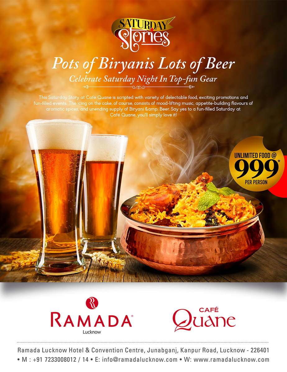 ramadalucknow's tweet photo. #SummerWeekends with a Delicious Twist feat. unlimited #Biriyani & #Beer ! Celebrate #MarchWeekends in Top Gear ! #SaturdayStories in March comes with the fragrance of authentic Biriyanis and Beer as conversation-keepers. #LucknowDining #LucknowEvents #BiriyaniFestival https://t.co/Q7435hplf5