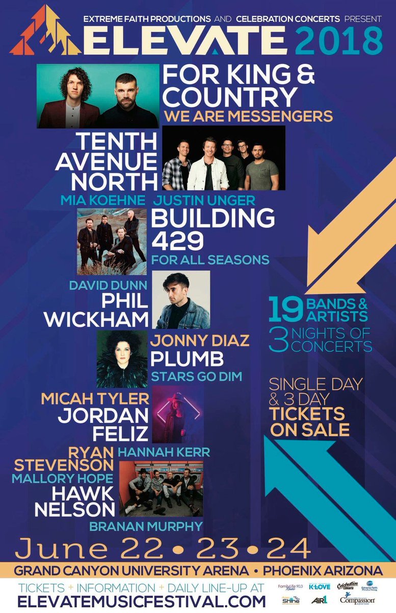 elevatemusicaz's tweet photo. ELEVATE 2018 tickets on sale NOW!
Please share this post, and then go to the ELEVATE site for artist/bands lineup, tickets links, and the 
schedule for the event. Thank you for supporting Christian music. https://t.co/7jDgf5IufO https://t.co/I9xXNlPqrf