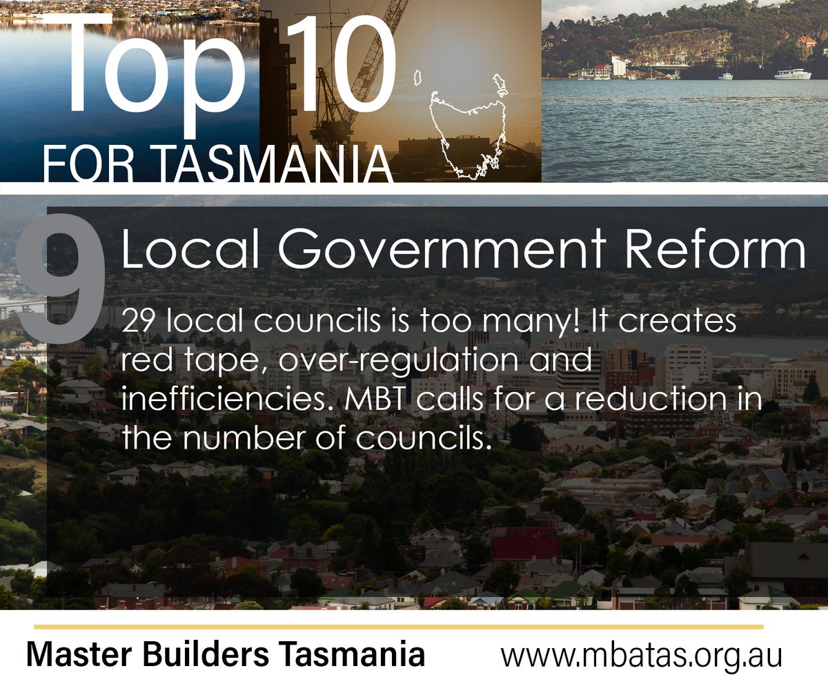 Tas_MBA's tweet photo. Master Builders Tasmania's ninth and tenth highest election priorities are Local Government Reform and better procurement for Government projects    #politas #tasvotes https://t.co/JzuwwOslgk