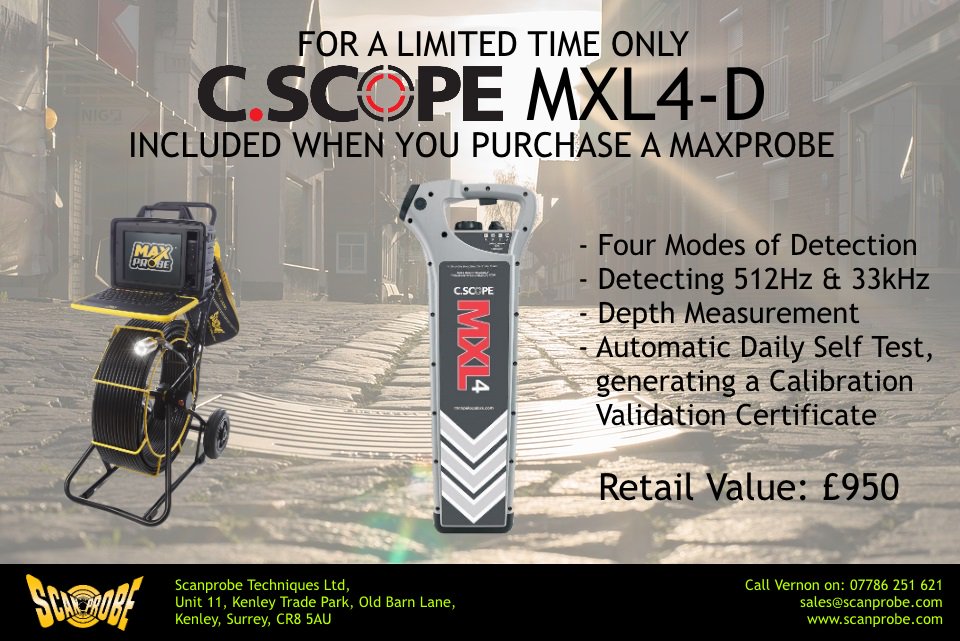 ScanprobeLTD's tweet image. Take advantage of our latest #offer, pairing the #Maxprobe with the C.Scope MXL4-D #cablelocator - contact our Sales Manager Vernon today! #DrainSurvey