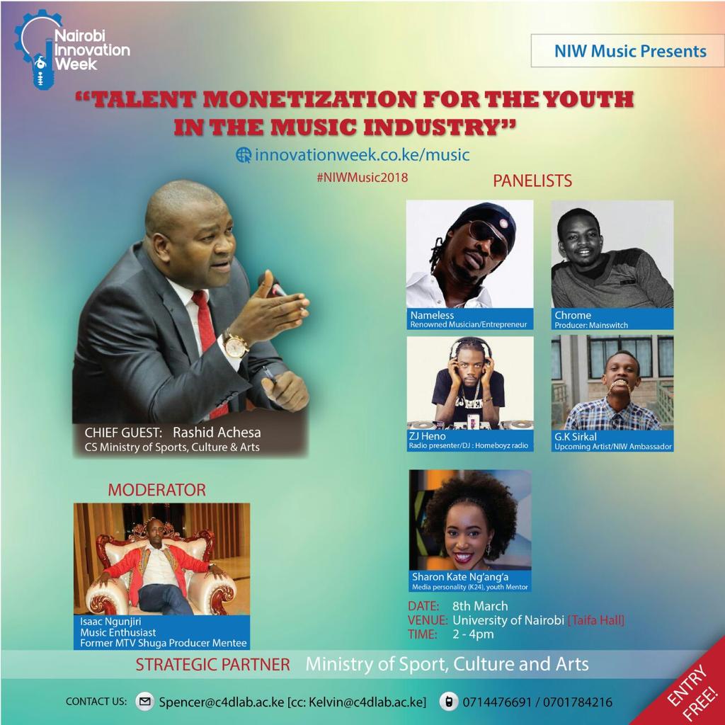 mansa_events's tweet photo. Is Creativity different from innovation? Let's find out from the INDUSTRY this Thursday 8th @uonbi taifa hall 2-4 pm. Interact with @HonRashidMoham1 @namelesskenya @ZJHENO @mabassz among other panelists. @NairobiIW @tomwansa @vcuonbi @moscakenya #NIW2018 https://t.co/DRkQKZo46A