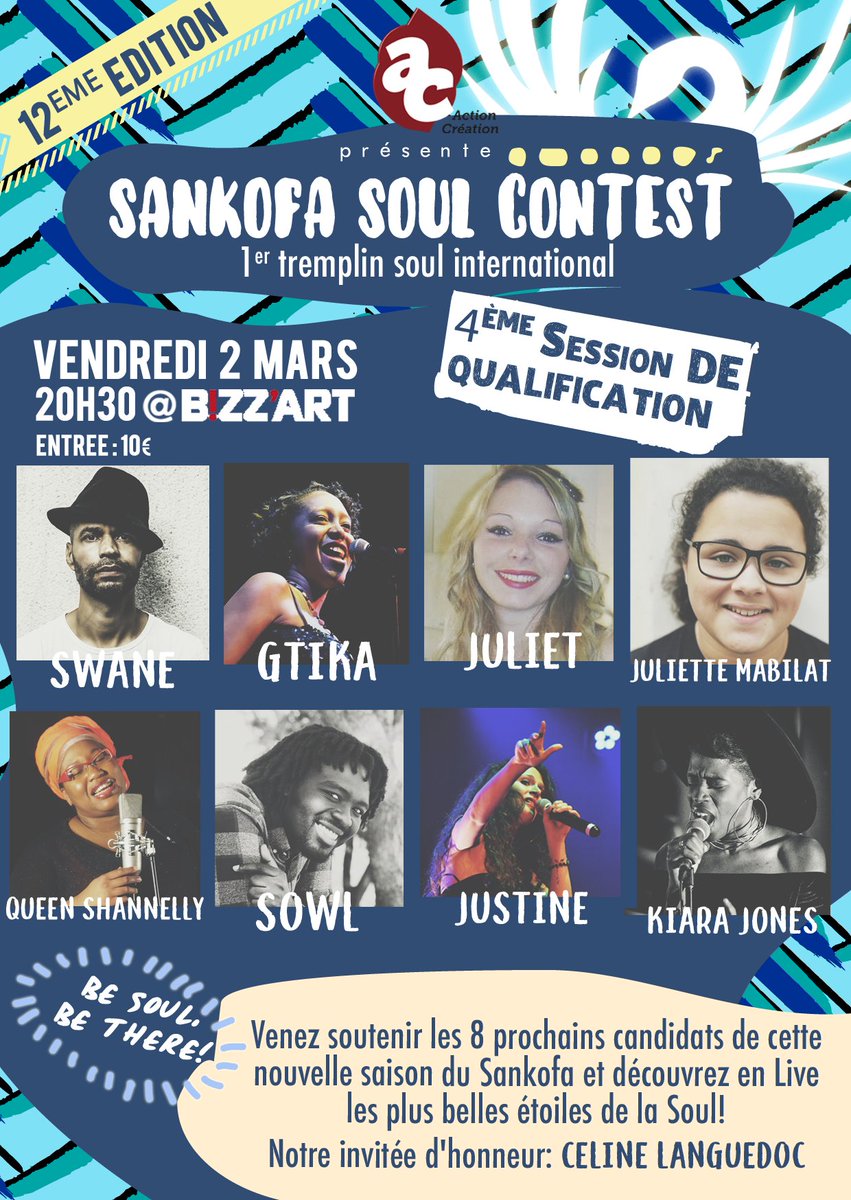 Bizzartclub's tweet photo. Non seulement il y a huit magnifiques candidats mais en plus l'invitée d'honneur c'est Céline Languedoc!! Alors ce soir aucun doute BE SOUL BE THERE!! #SankofaSoulContest #JobySmith #leTremplinSoul https://t.co/SnWcMISI6Z