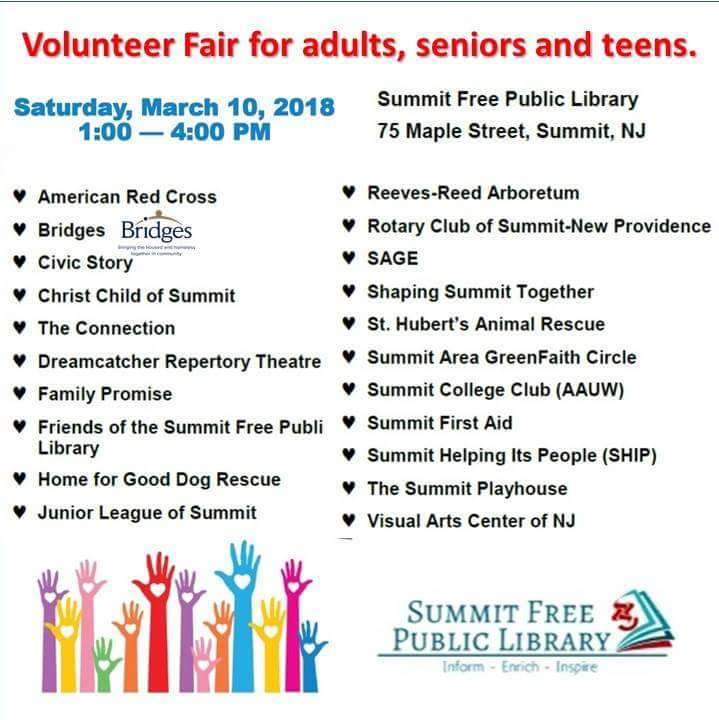 BridgesSummitNJ's tweet photo. Volunteer fair for teens, adults &amp; seniors Sat Mar 10, 1-4pm, Summit Public Library. We'll be there. https://t.co/XGb3rm6tV2
