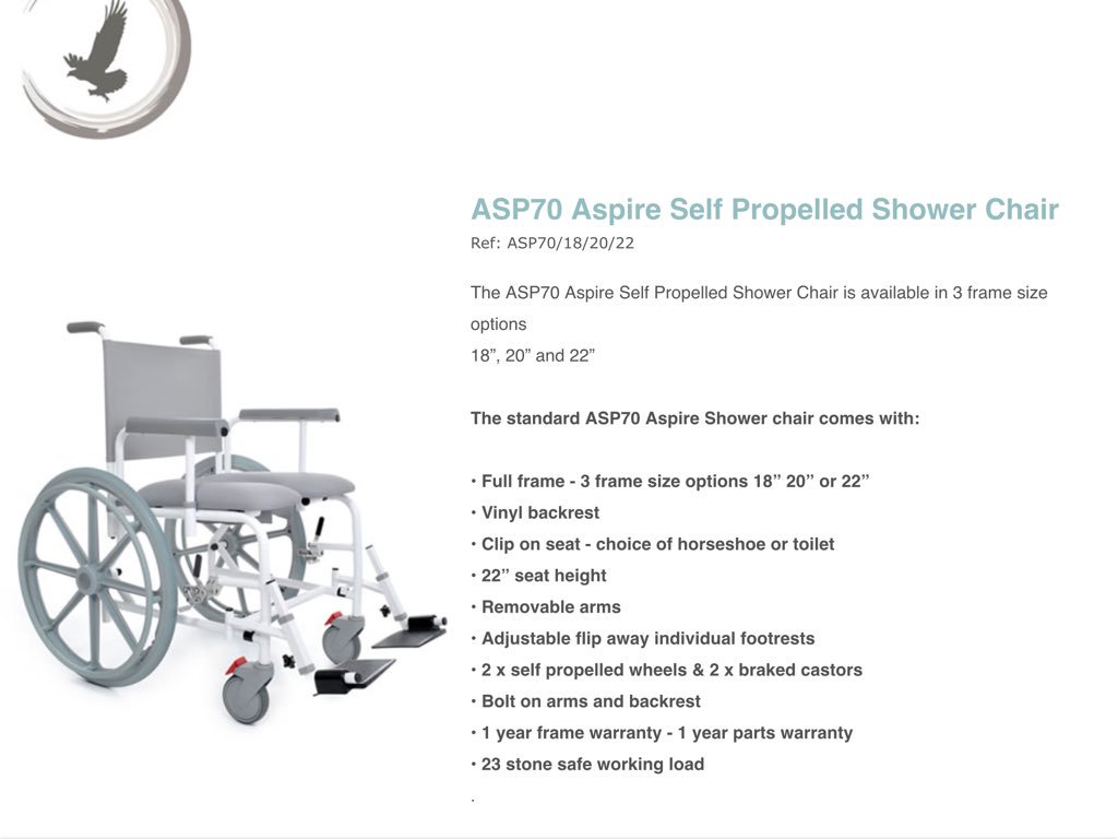 We have plenty of Aspire Shower chairs in stock and ready to dispatch ,attendant and self propelled in 18 /20/22 seat width ,all at fantastic prices , contact us for more information on 01257 425623 .