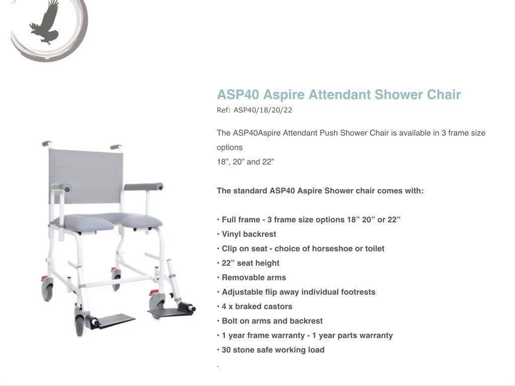 OspreyHC's tweet photo. We have plenty of Aspire Shower chairs in stock and ready to dispatch ,attendant and self propelled in 18 /20/22 seat width ,all at fantastic prices , contact us for more information on 01257 425623 . https://t.co/aL7wP1d79o