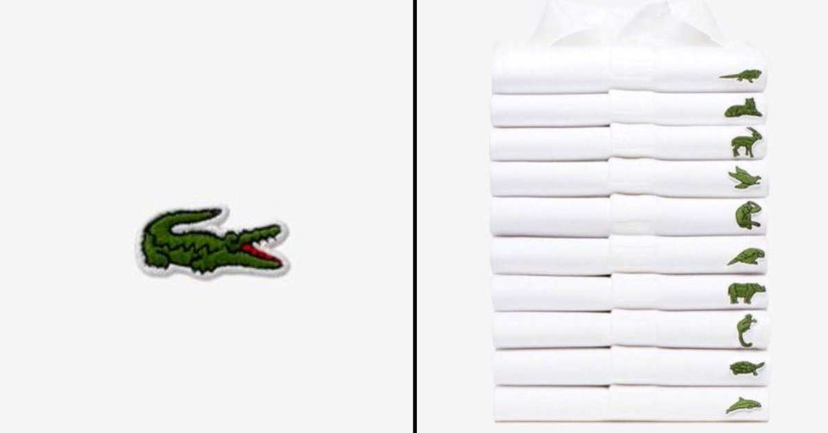 Lacoste replace famous crocodile logo for endangered species. They will only print the number of polo shirts in correspondence to how many of each species is still in existence. Amazing 👏ladbible.com/news/interesti…
