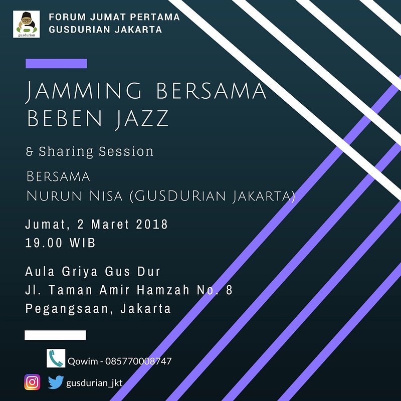 Gusdurian_JKT's tweet photo. Tuips, yuk merapat d #ForumJumat @GUSDURians .
Kita Jamming bareng Beben Jazz dan Sharing soal Islam Indonesia bareng Mbak @nisanajib d Aula Griya Gus Dur 😄 https://t.co/BJXFW3YtPN