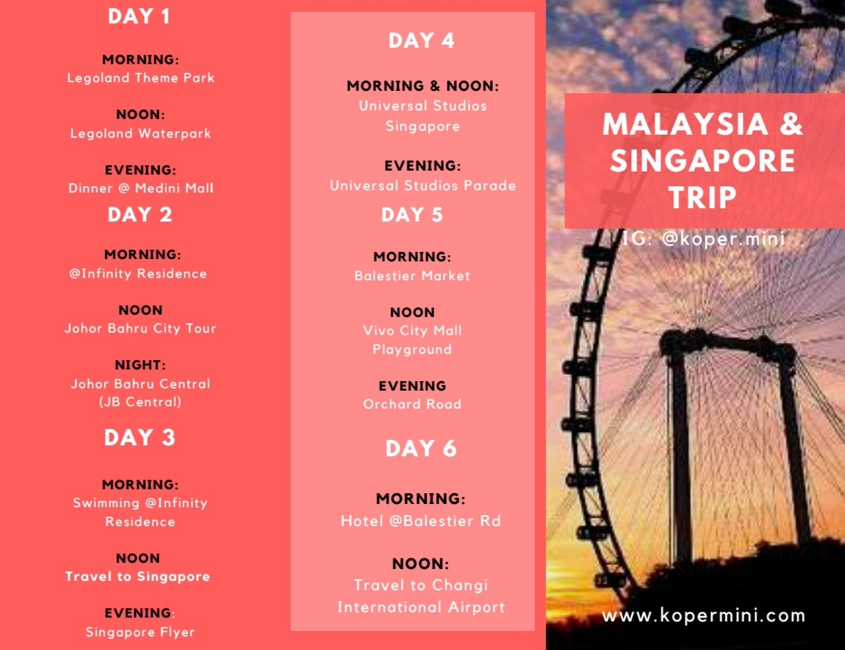 jatisavitri's tweet photo. Weekend is coming 😃😎 Have you decide where to spend?
Please check out our Malaysia-Singapore Trip Itinerary and have a great weekend getaway, everyone ✔
💡-www.kopermini.com-
Follow IG: @koper.mini
#kopermini #travel #travelblog #travelbloger #itinerary #travelwithkids https://t.co/hZCWJGYmrH