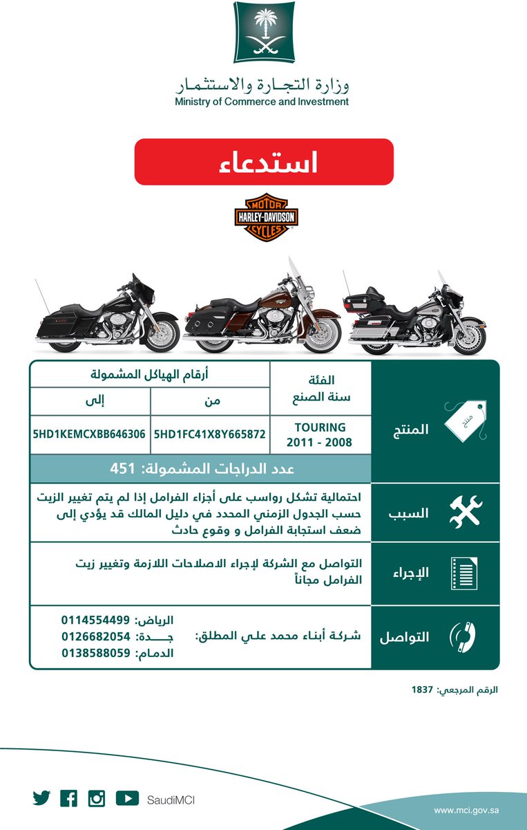 MCgovSA's tweet photo. "التجارة" تعلن #استدعاء 664 دراجة نارية من هارلي ديفيدسون فئات "TOURING ،CVO ،V-Rod" موديلات: 2008 - 2011، لاحتمالية تشكل رواسب على اجزاء الفرامل قد يؤدي إلى ضعف استجابة الفرامل ووقوع حادث https://t.co/9fnHVWQb4A