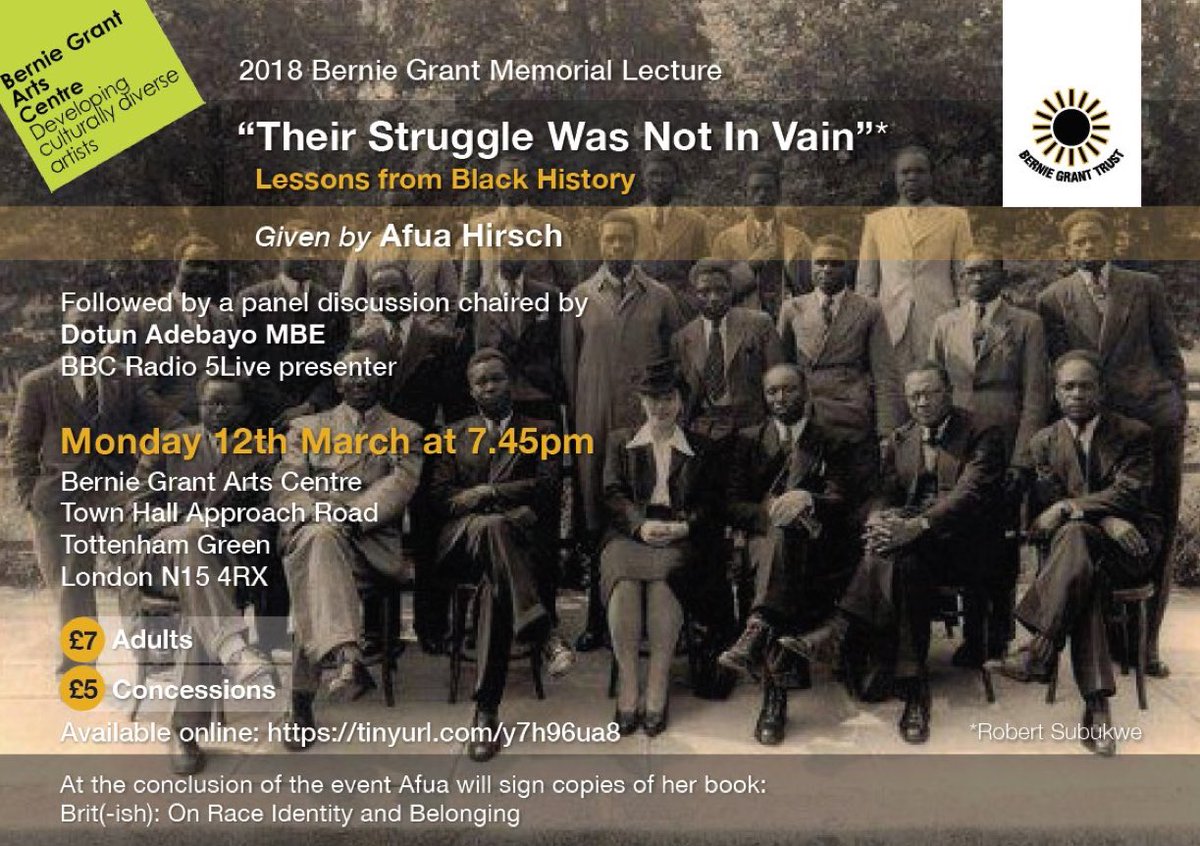 BOOKING OPEN NOW!  <a href="/afuahirsch/">Afua Hirsch</a> is coming to Tottenham to deliver the 2018 Bernie Grant Memorial Lecture at @BGACentre: Their Struggle Was Not In Vain. 12th March 7:45. Get your tickets: berniegrantcentre.co.uk/see/their-stru…