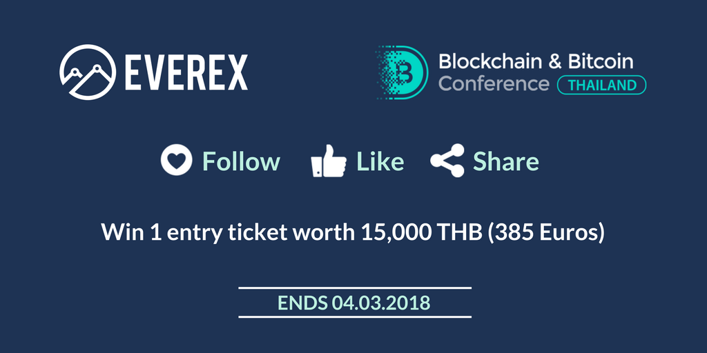 everexio's tweet photo. Win ONE entry ticket to the Blockchain and Bitcoin Conference, Bangkok on 6th March, 2018 (worth 15,000 THB). Be a part of CEO of Everex, Alexi Lane’s talk. @Blockchain_Conf https://t.co/XltXJUjLS1 
#Everex #EVX #Blockchain #bitcoin #innovation #competition https://t.co/iH1Bqt0vAT