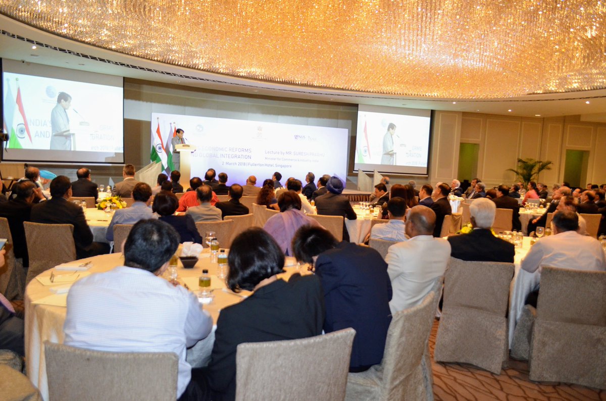 connected2india's tweet photo. "India is the most open economy in the world" says @sureshpprabhu Minister of @CimGOI addressing packed room of businessmen in @VisitSingapore touching upon India's vision of becoming a 5 trillion US$ economy. @IndiainSingapor @isas @MEAIndia https://t.co/q3f0bnhZY5