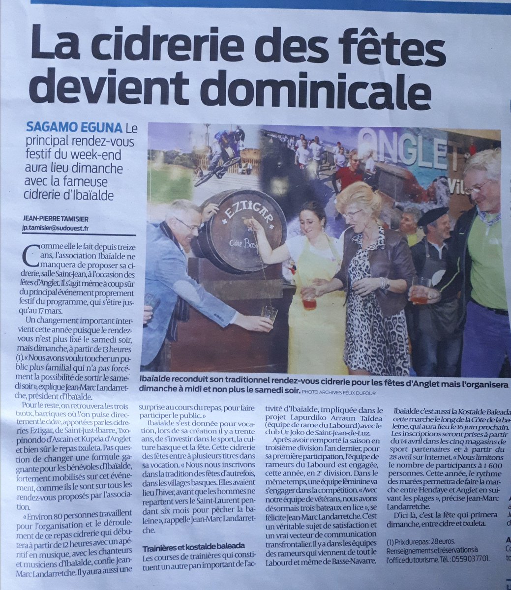 oihanttoa's tweet photo. #Anglet 4 Mars
 Salle St Jean dès 12h
#Ibaialde vous invite à #sagarnoeguna 
Avec 3 #Txotx🥃
#Eztigar  de StJustbarre #Txopinondo d'Ascain et #Kupela d' Anglet
Et #Txuleta 🍽🔪
Et on pourra régler avec des #euskos ados @CamusPeyo ?
Bel article sur vie asso @JpTamisier @sudouest https://t.co/PLWlS1BA6R