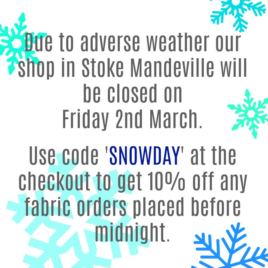 FabricHQ's tweet photo. Sorry folks, we've had to close the shop today due to the weather but place a fabric order online between now and midnight and save 10% by using code SNOWDAY! Hoping to re-open tomorrow if we can get out! #staysafe #beastfromtheeast #bestweatherforsewing https://t.co/Kps9XU6L1w