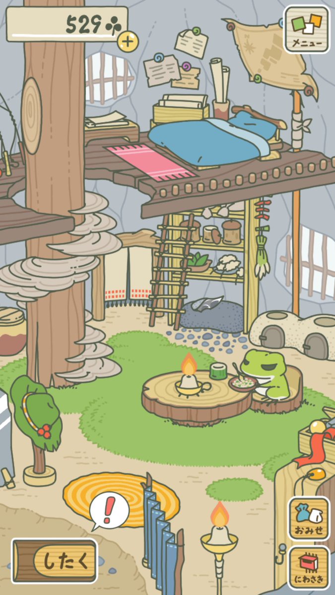 MoondayGarfield's tweet photo. เกมนี้น่าร้ากก หน้าที่หลักคือการจัดกระเป๋าให้น้องกบของเราไปเที่ยว น้องจะส่งโปสการ์ดกลับมาอวด ว่างๆ ก็นั่งเหลาไม้ เขียนหนังสือ กินข้าว 
/เล่นไปทำไมไม่รู้ แต่เอ็นดูน้องงงง 💚💚 https://t.co/QuNIDQseaG