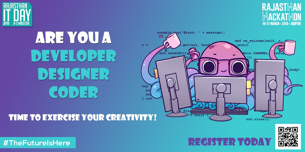 RajITday's tweet photo. Are you a developer, designer or a coder? Show us what you have got! #Hackathon4.0 Register now! https://t.co/ykqSb9QhD7 #FutureIsHere #RajITDay2018 https://t.co/XvMUF5cTd8