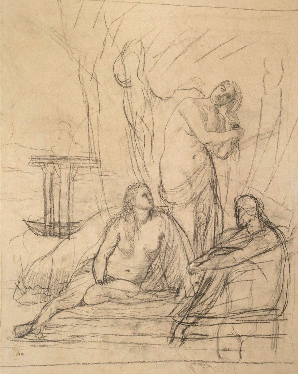 Salondudessin's tweet photo. Pierre Puvis de Chavannes made this charcoal study in 1865 for Ave Picardia Nutrix, a decorative mural at #MuséedePicardie in #Amiens. Didier Aaron will show the sheet at the international Salon du Dessin in Paris (21-26 March), a must-attend event for #drawing lovers! https://t.co/uOHntoeA2g