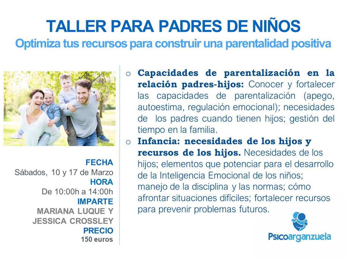 psicoarganzuela's tweet photo. ¡Buenos días! Queremos recordaros nuestro próximo Taller para Padres de Niños, impartido por las psicólogas Mariana Luque y Jessica Crossley https://t.co/fbHGmeQiST