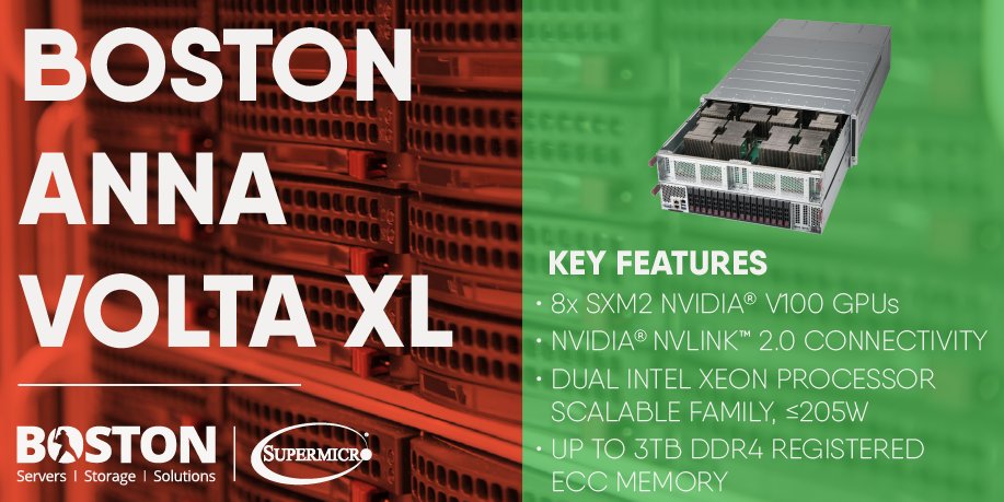 bostonindia's tweet photo. Our #BostonANNA #VoltaXL features 8x @NVIDIAAP Volta GPUs, takes advantage of next generation NVLink and is now available for testing in our #BostonLab!
Discover more: https://t.co/9CPXEpHYdG https://t.co/blOya82iVM