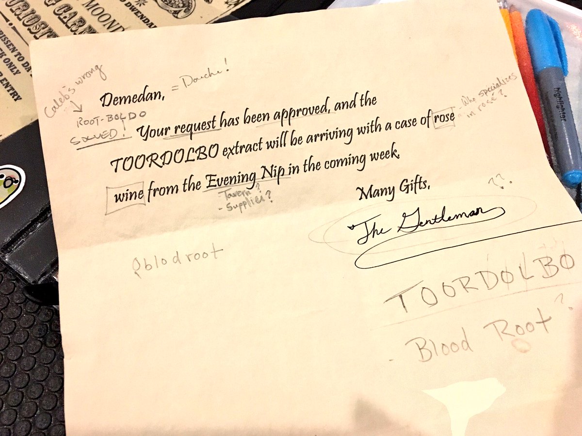 Marisha_Ray's tweet photo. #BehindTheNotes. Beau’s deciphering of the stolen letter to the Baumbach’s. #CriticalRole https://t.co/5eceMPT2DJ