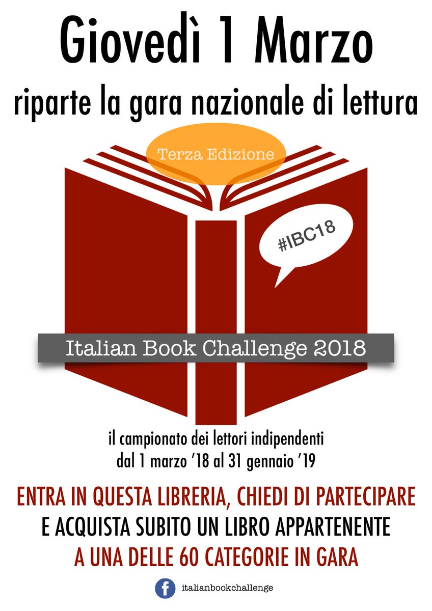 quartostatobook's tweet photo. La Libreria Quarto Stato partecipa come unica libreria in Campania alla Terza Edizione della Italian Book Challenge 2018! Veniteci a trovare e vi spiegheremo come partecipare!!!
#ibc #IBC2018 #italianbookchallenge2018 #italianbookchallengeterzaedizione https://t.co/nPpRd6fFyX