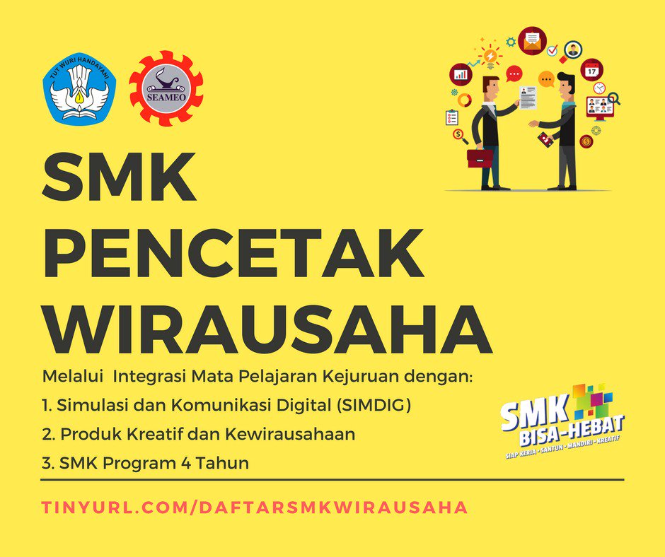 #SahabatDikbud, mari bergabung! Kegiatan "SMK Pencetak Wirausaha" membuka pendaftaran hingga 10 Maret 2018. Klik tinyurl.com/daftarsmkwirau…. #SMKBisa #SMKHebat