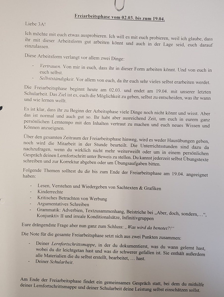 LehramtsStudent's tweet photo. So.
In der nächsten Stunde startet das Unternehmen #Freiarbeit .
Ich bin gespannt wie's ankommt.
Hier nochmal meine einleitenden Briefe an die Klasse dazu. https://t.co/EbcGblyvkp