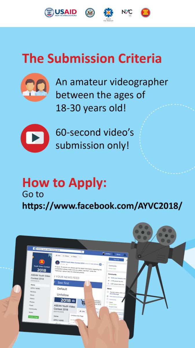ASEAN's tweet photo. The 4th ASEAN Youth Video Contest deadline is extended to March 9! 
Good news for you who want to refine your video and make sure you follow all the rules.
Click these photos for more info.

#AYVC2018 https://t.co/kCUHnRsm7h