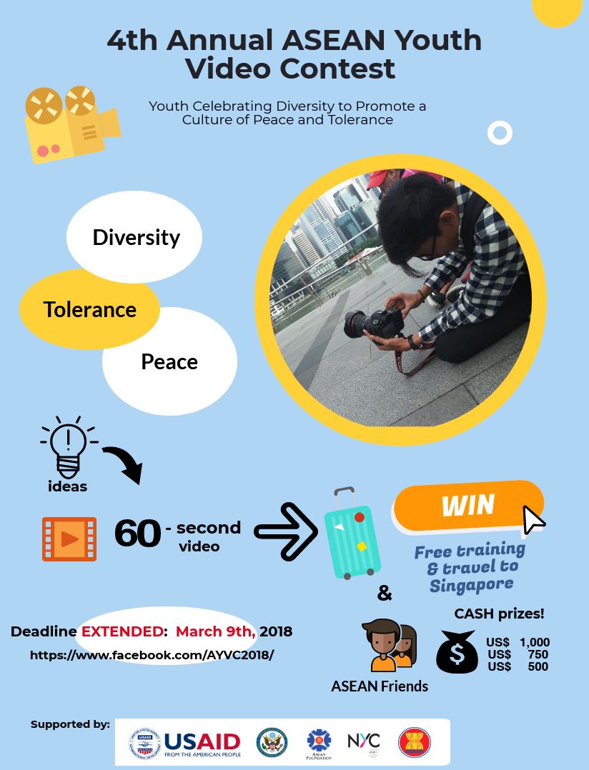 ASEAN's tweet photo. The 4th ASEAN Youth Video Contest deadline is extended to March 9! 
Good news for you who want to refine your video and make sure you follow all the rules.
Click these photos for more info.

#AYVC2018 https://t.co/kCUHnRsm7h