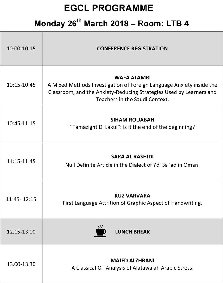 EssexLang_Ling's tweet photo. Exciting news for our Essex Graduate Conference in Linguistics! We can now unveil the full programme of talks!
Please come along to support our students on Monday 26th March 2018 in LTB4, registration at 10:00am.
We look forward to seeing you there! #EGCL https://t.co/zHTA1vyqeC